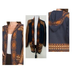 Lucky Brand Women’s Medium Boho Open Front Aztec Print Hooded Cardigan Navy EUC
